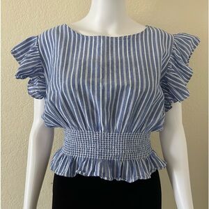 Philosophy Blue & White Striped Flutter Sleeve Smocked Cotton Blend Blouse - S